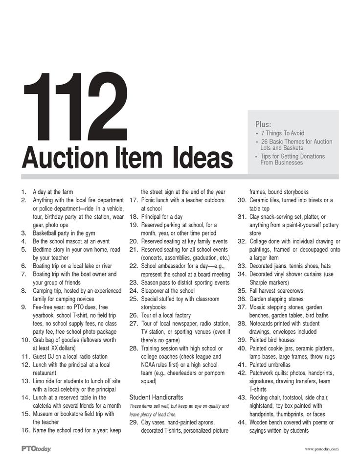 an advertisement for auction items in black and white with the words auction item ideas on it