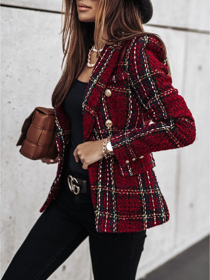 Composition: 100% polyester Color: Khaki, Burgundy, Brown, Dark Green Size: S,M,L,XL,XXL,XXXL Size(cm) Bust Length Sleeve Length Shoulder Elegant Blazers, Checked Blazer, Long Sleeves Coats, Fur Coats, Elegant Chic, Womens Blazers, Long Sleeve Blazers, Plaid Blazer, Blazer Outfits