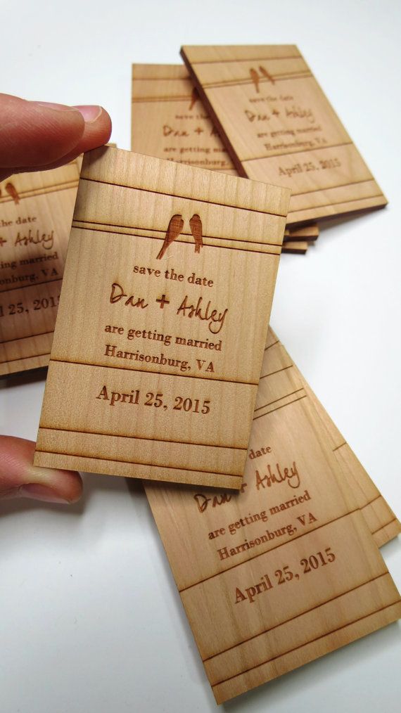 wooden save the date cards with birds on them