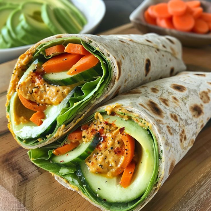 two wraps with carrots, cucumber and hummus on a cutting board