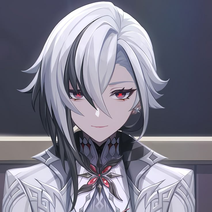 an anime character with white hair and red eyes