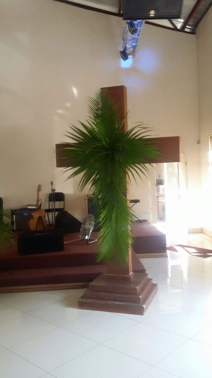 a palm tree sitting in the middle of a room next to a cross and other items