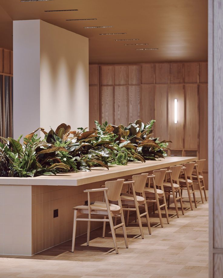 a long table with chairs and plants on it