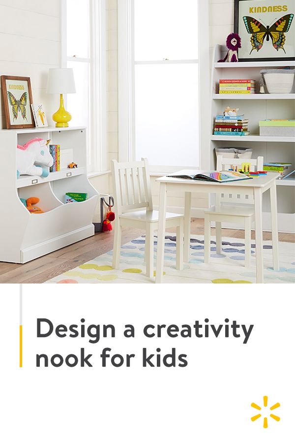 a child's desk and chair in front of a bookcase with the words design a creativity nook for kids