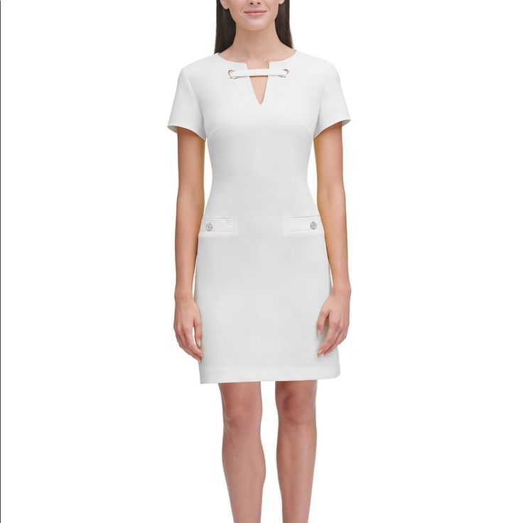 Wear To Work Tommy Hilfiger Dress With A Grommet Neckline Adding An Edgy Yet Sophisticated Look. Approx. Model Height Is 5'10" And Model Is Wearing A Size 4. Approx. 33 3/4" Long From Center Back To Hem. Length Is Based On Size And Varies 1/4" Between Sizes. V-Neck Structured Knee-length Mini Dress For Spring, Fitted Knee-length Tommy Hilfiger Dress, Elegant Tommy Hilfiger Dresses For Workwear, Chic Tommy Hilfiger Dresses For Work, Tommy Hilfiger Fitted Knee-length Dress, Tommy Hilfiger Knee-length Workwear Dress, Chic A-line Tommy Hilfiger Dress, Chic Tommy Hilfiger A-line Dress, Chic Tommy Hilfiger Dress