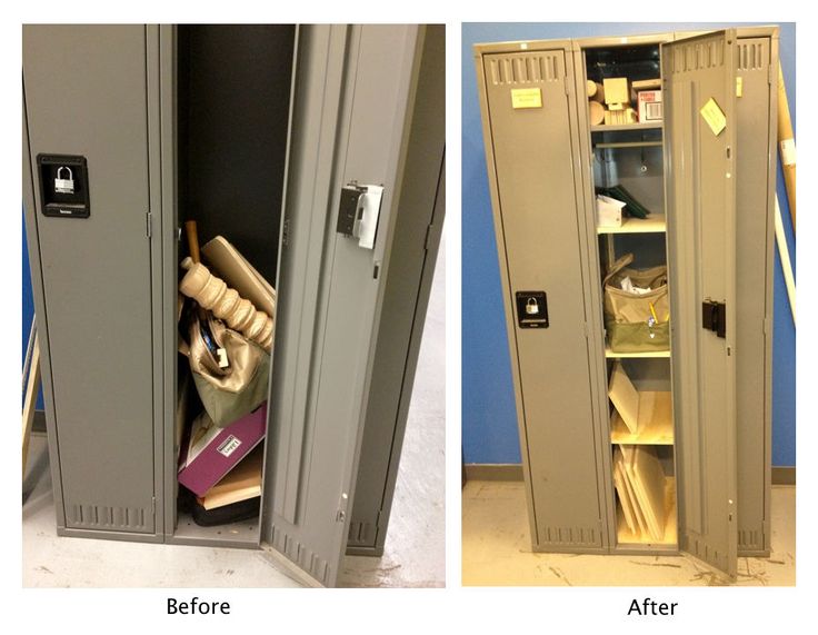 two lockers side by side with the same door open and one has books in it