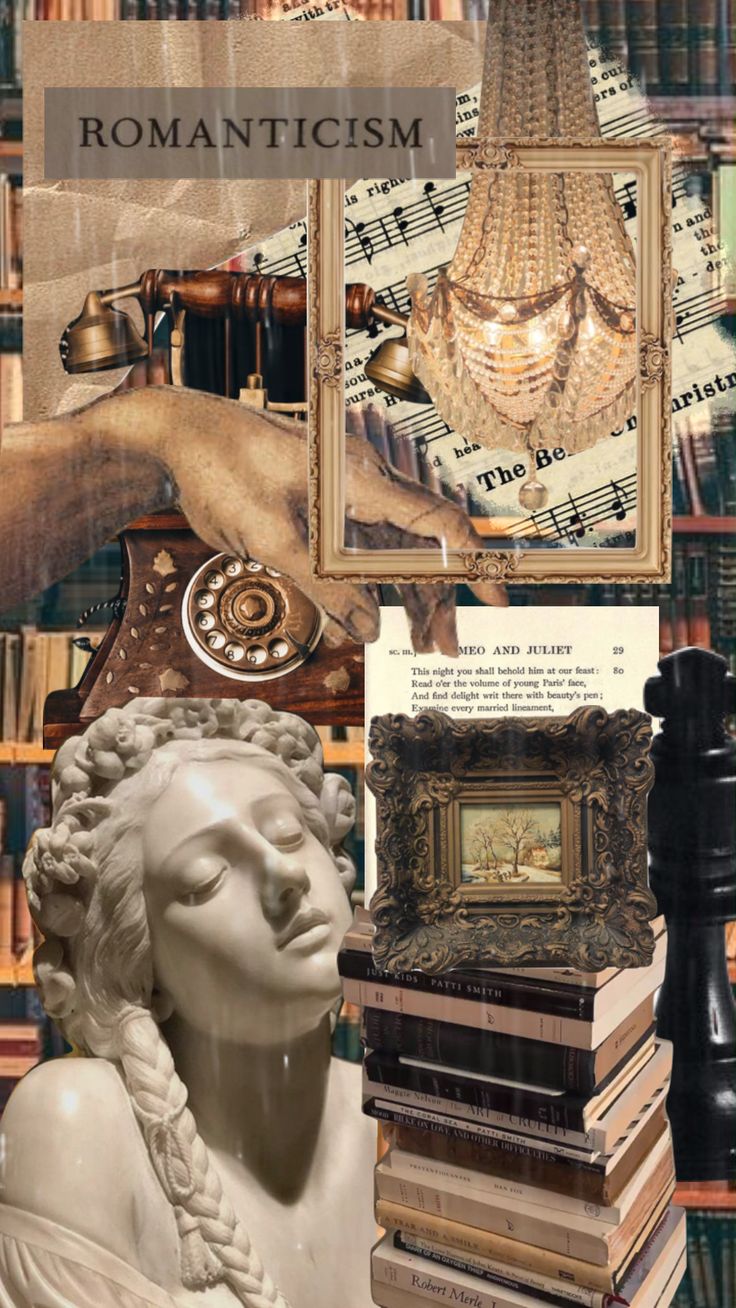 a collage of books and sculptures in front of a chandelier with the words romanticism on it