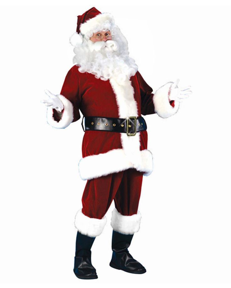 a man dressed as santa claus standing in front of a white background with his hands out