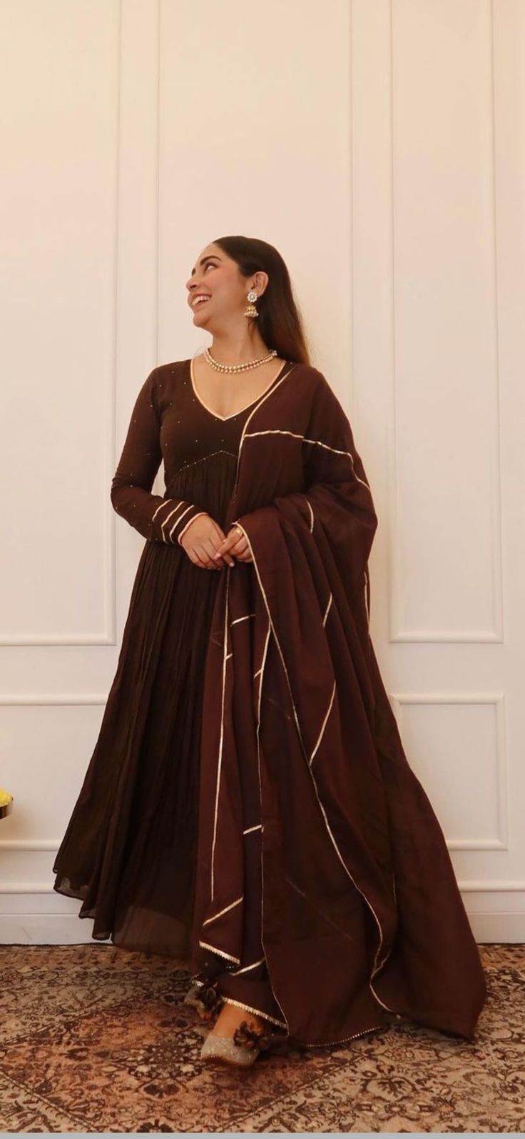 Brown Anarkali Dress, Frock Suit Anarkali, Brown Anarkali, Straight Kurti Designs, Plain Anarkali, Cotton Anarkali Suits, Indian Dresses For Women, Cotton Anarkali, Dresses Traditional