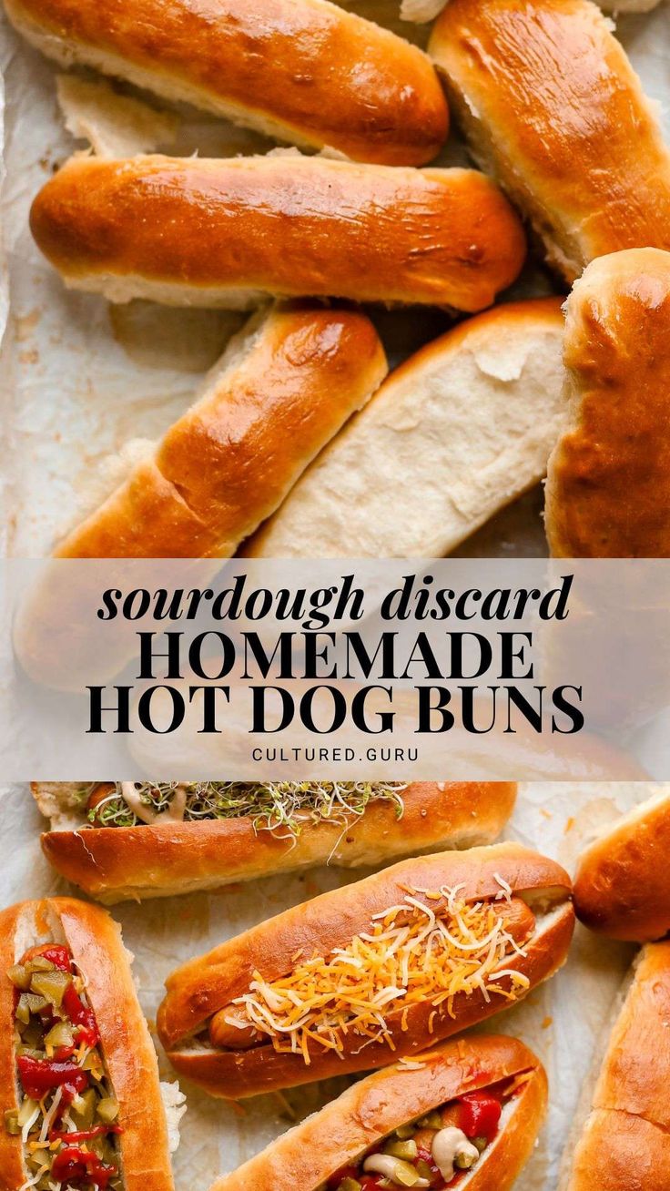 homemade hot dogs with toppings on them and the title overlay reads, sourdough disarad homemade hotdog buns