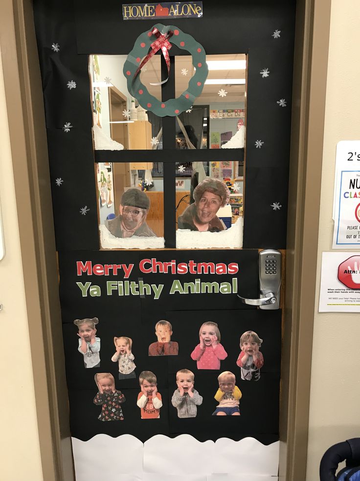 a door decorated for christmas with pictures of people