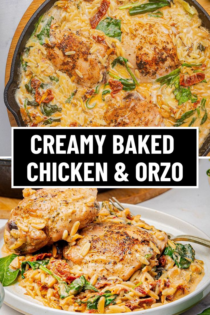 creamy baked chicken and orzo in a skillet