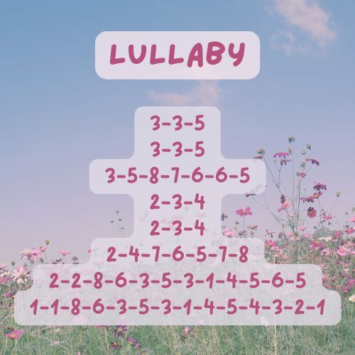 a field with pink flowers and the words lullaby written in red on it