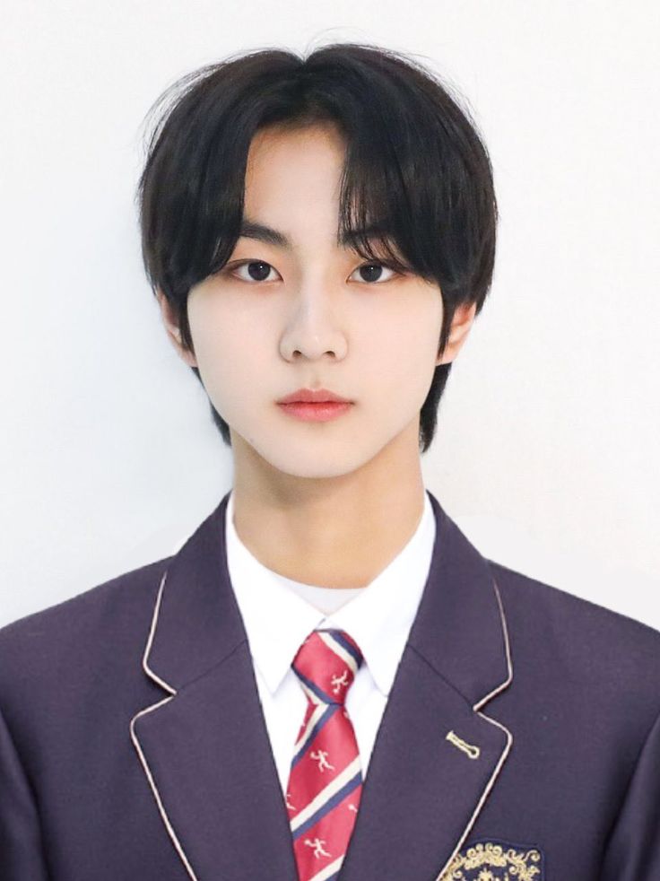 a young man wearing a suit and tie with an eagle on his lapel collar