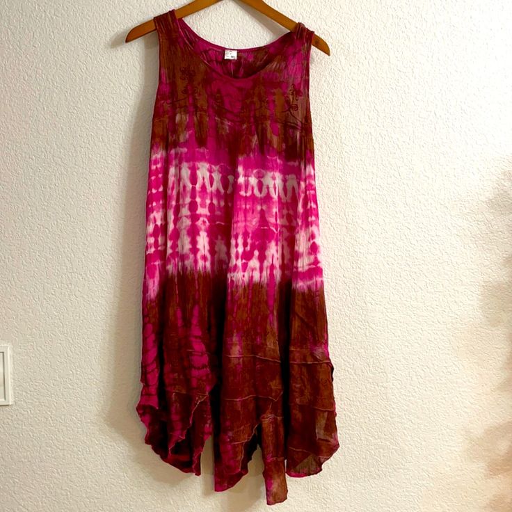 Super Cute Tie-Dyed, Embroidered, Sleeveless Sundress. Pink, White And Brown In Color. Pink Sleeveless Sundress, Pink Sleeveless Sundress For The Beach, Pink Sleeveless Sundress For Summer, Pink Sleeveless Sundress For Beach, Pink Sleeveless Sundress For Festival, Sleeveless Cotton Dress For Festival, Casual Sleeveless Sundress For Festivals, Casual Pink Sleeveless Summer Dress, Casual Pink Sleeveless Dress For Summer