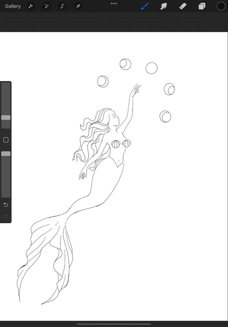 an image of a mermaid with bubbles in her hand and the outline for it to be drawn