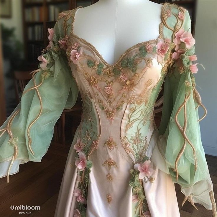 Fairy dresses by unibloom Fantasy Spring Dress, Titiana Queen Of The Fairies, Spring Court Fashion Acotar, Nature Goddess Dress, Whimsical Fairy Dress, Fantasy Nature Dress, Farie Dresses, Pink Fairy Cosplay, Fairy Like Dresses