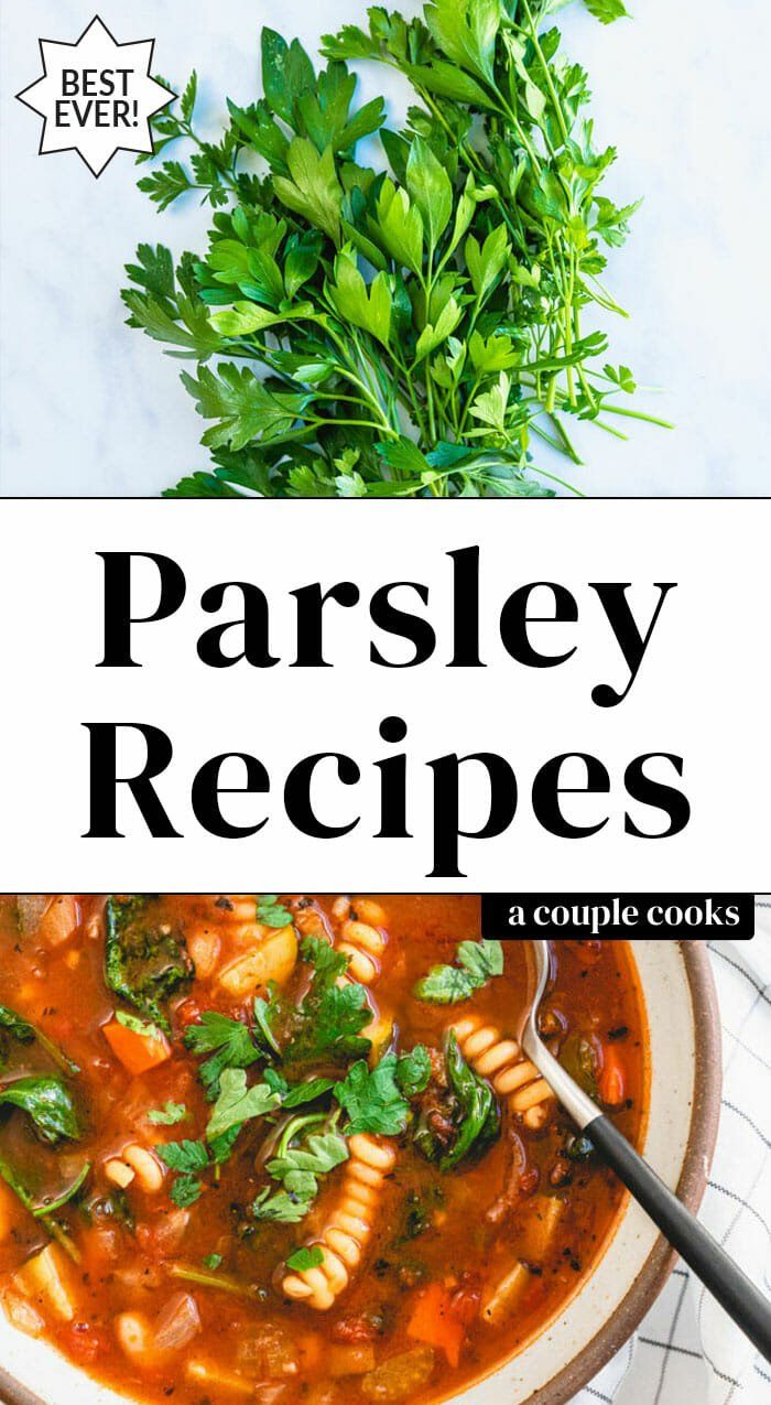 the cover of parsley recipes, featuring pasta and vegetables in a white bowl with a spoon