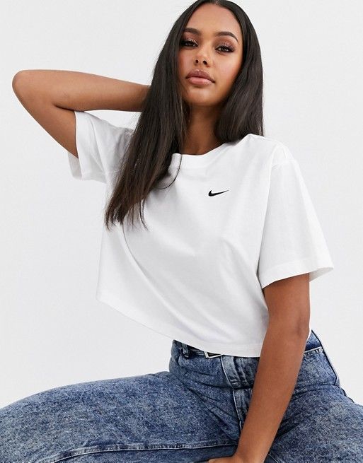 Nike white mini swoosh crop t-shirt | ASOS Crop Tshirt Outfit, Nike Shirts Women, Nike Shirts Women's, Nike Md Runner 2, Gucci T Shirt, Internet Explorer, Crop T Shirt, Cropped Sweatshirt, Nike Tshirt