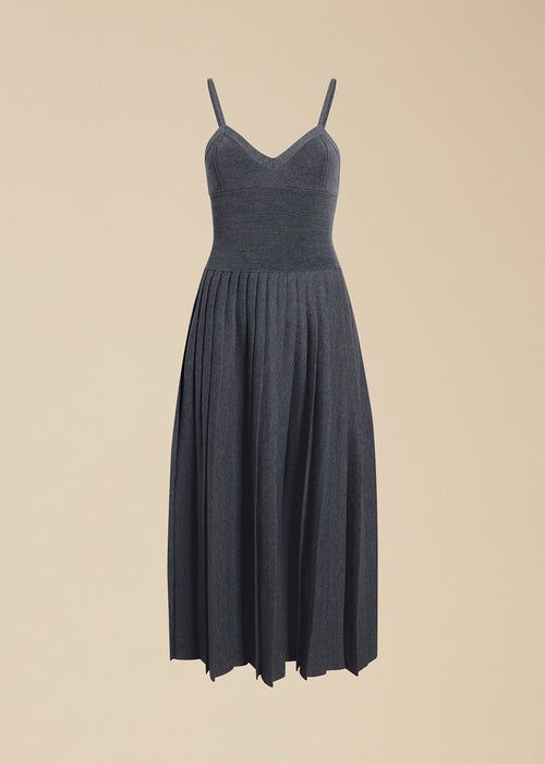 Elio Dress in Sterling Fitted Wool V-neck Dress, Knit Dresses With Spaghetti Straps, Chic Seamless Loungewear Dress, Fitted Knit Dress With Spaghetti Straps, Elegant Knit Dress For Loungewear, Fitted Cashmere Midi Dress, Elegant Seamless Dress For Daywear, Elegant Fitted Midi Dress For Loungewear, Chic Fitted Cashmere Dress