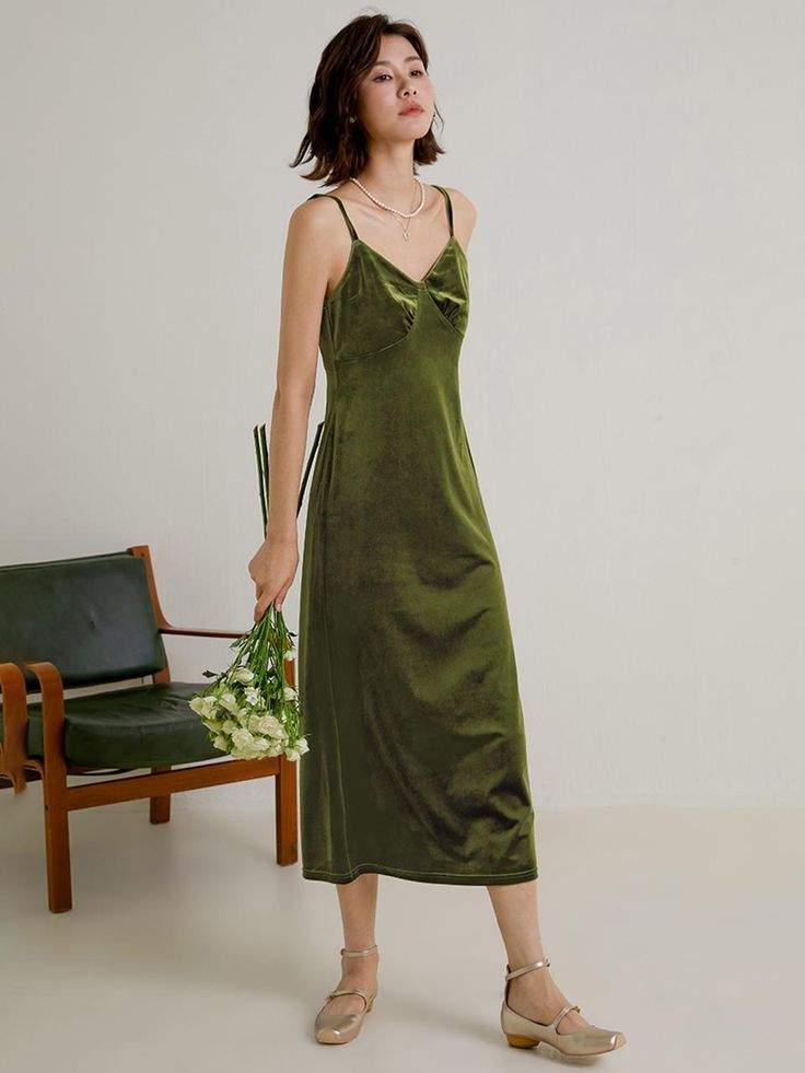 This is a feminine and romantic dress by LANGSON that is made out of high quality polyester and nylon blend fabric. With design detail of sleeveless design and unique cut on the chest pattern, it gives a trendy and feminine look.- Sleeveless design- Velvet texture of the fabric- Feminine and modern mood Slip Dress With Shirt Under, Slip Dress With Shirt, Dress With Shirt, Green Slip Dress, Velvet Slip Dress, Velvet Texture, Romantic Dress, Feminine Look, Christmas Dress