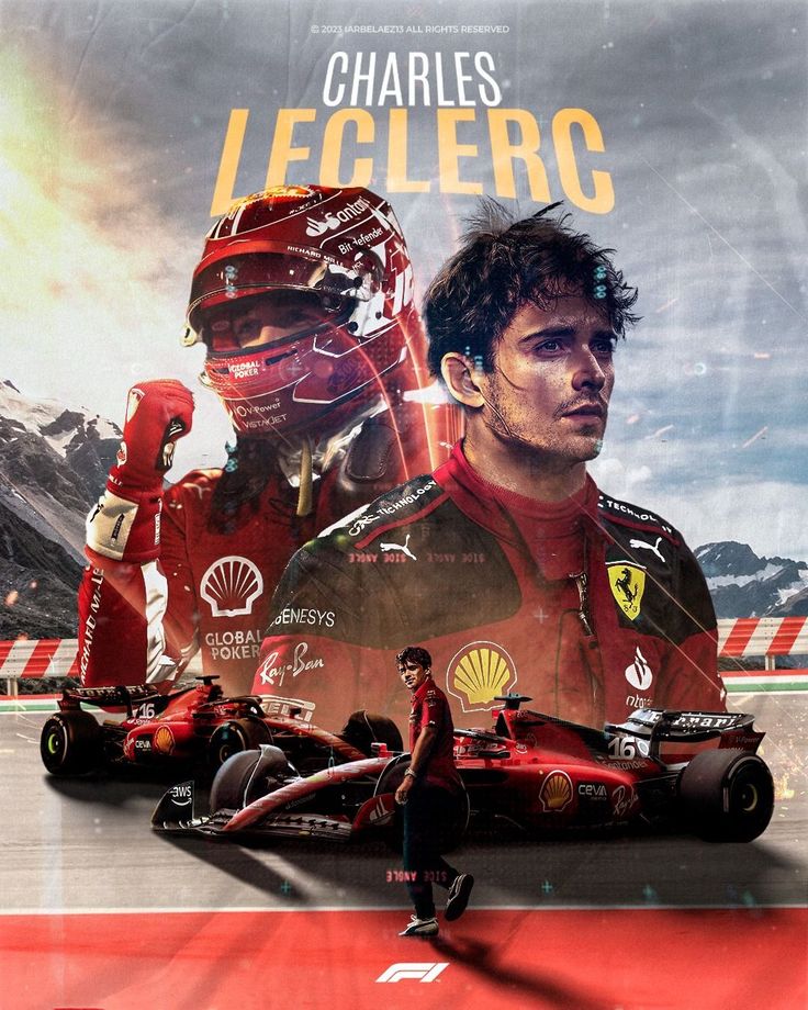 a man standing next to a race car in front of a giant poster that says charles leclero