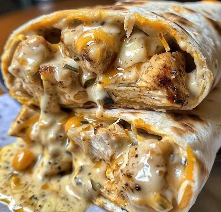 a burrito with chicken and cheese on it