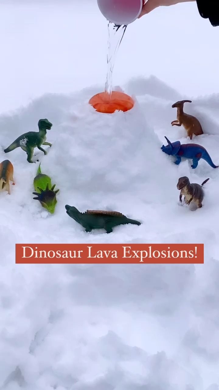 a person is playing with small toy dinosaurs in the snow, and there are balloons floating above them