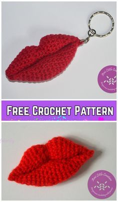 crocheted keychain made to look like a red leaf with the word free crochet pattern on it