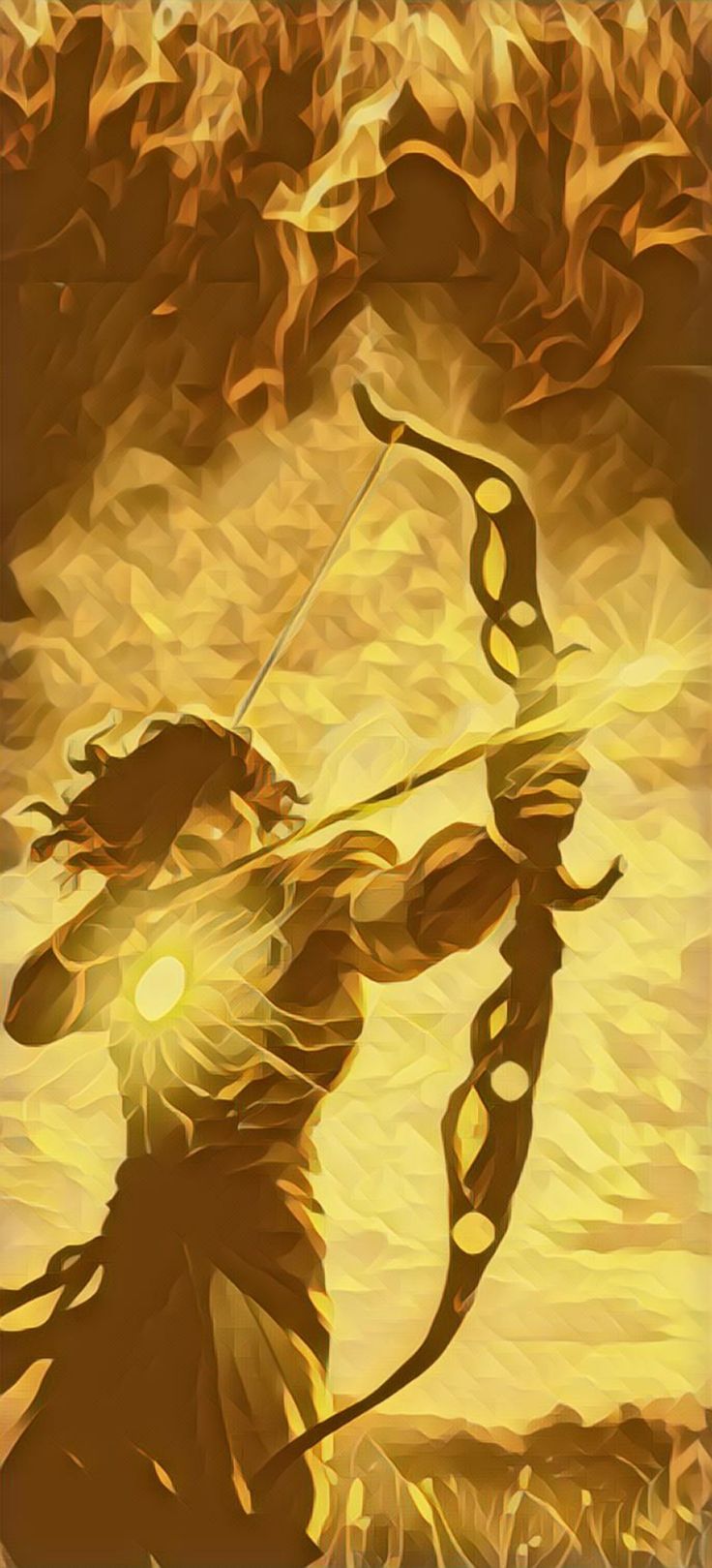 a digital painting of a woman holding a bow and arrow in her hands with the sun shining behind her