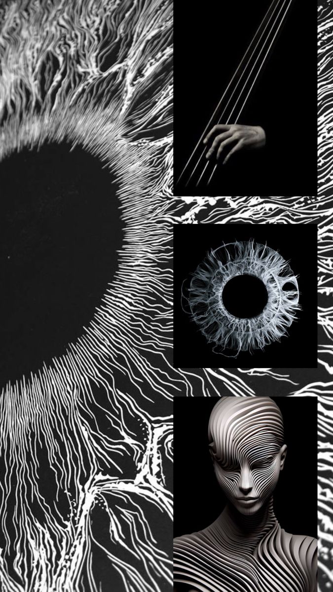 four different images of an eye with multiple lines and shapes in the middle one is black and white