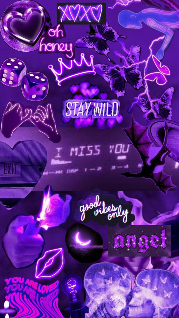 purple and black wallpaper with different types of neon lights on it's sides