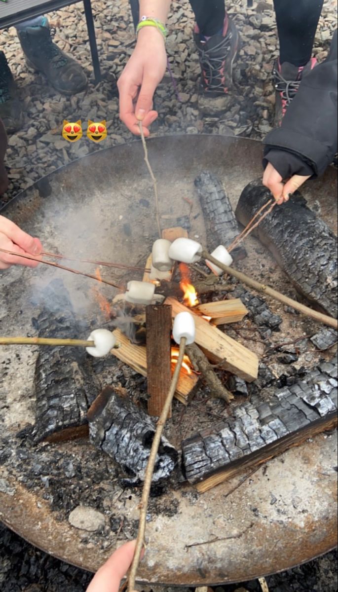 people cooking marshmallows over an open fire pit with sticks and tongs