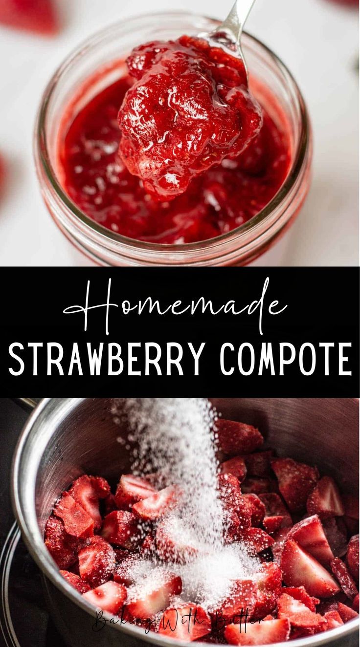 homemade strawberry compote in a bowl with powdered sugar