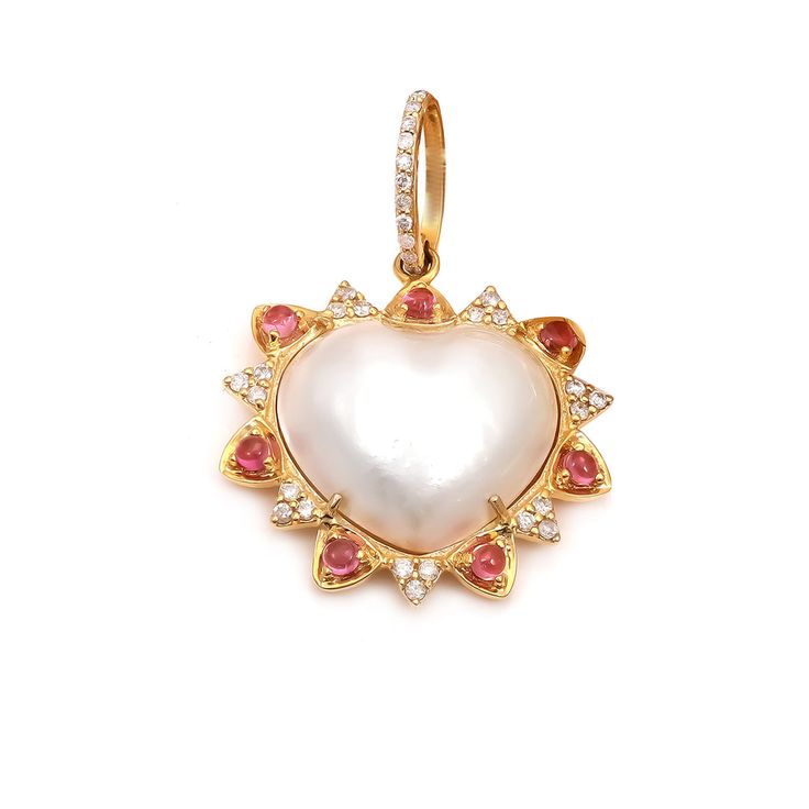 White Fresh Water Pearl Heart Diamond + Tourmaline Halo Pendant     * Fresh Water Pearl   * Diamonds .20cw    * Tourmaline .30cw    * 14k Yellow Gold    * Diamond Bail    * P-3481 Pearl Heart, Heart Diamond, Halo Pendant, Fresh Water Pearl, Pearl Diamond, Diamond Heart, Heart Necklace, Heart Pendant, Fresh Water