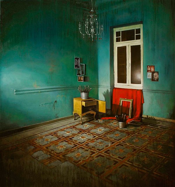 a painting of a room with green walls and a chandelier hanging from the ceiling