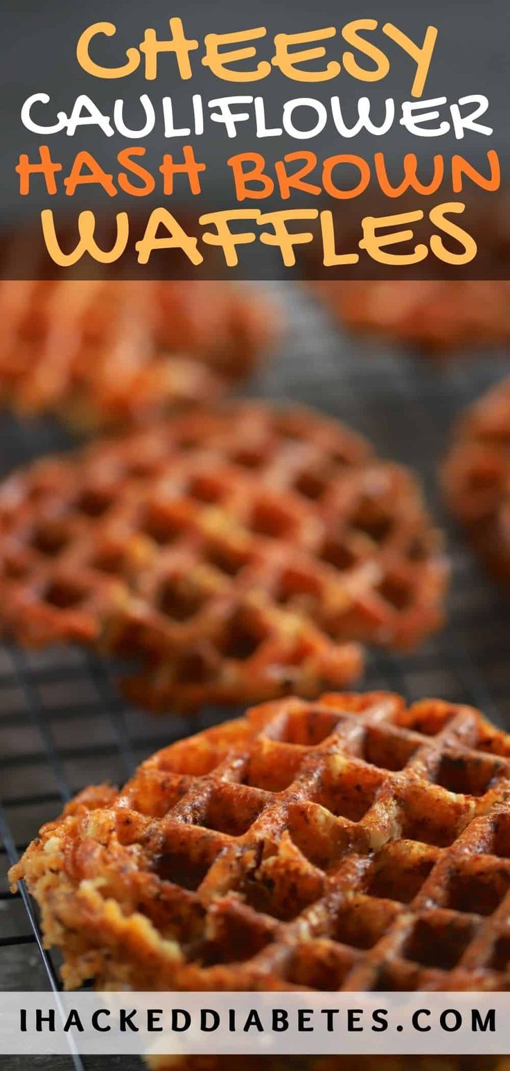 cheesy hashbrown waffles on a cooling rack with text overlay