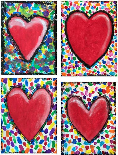 four paintings with hearts painted on them