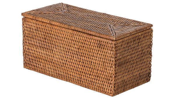 a brown wicker basket with lid