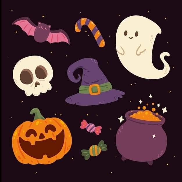 various halloween items on a black background