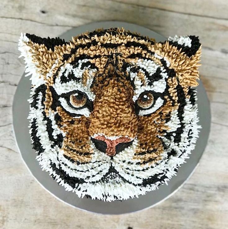 a close up of a cake with a tiger face on it