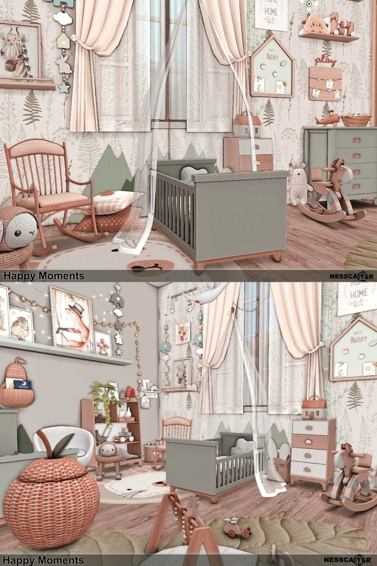 two pictures of a baby's room with furniture and decorations