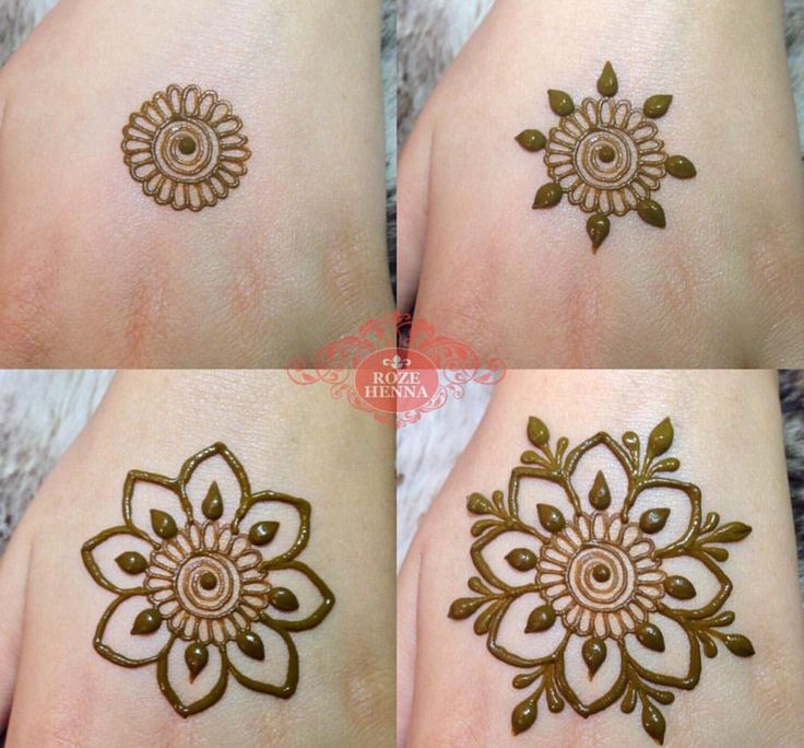 four different pictures of hendi tattoos on someone's hand and foot, all showing the