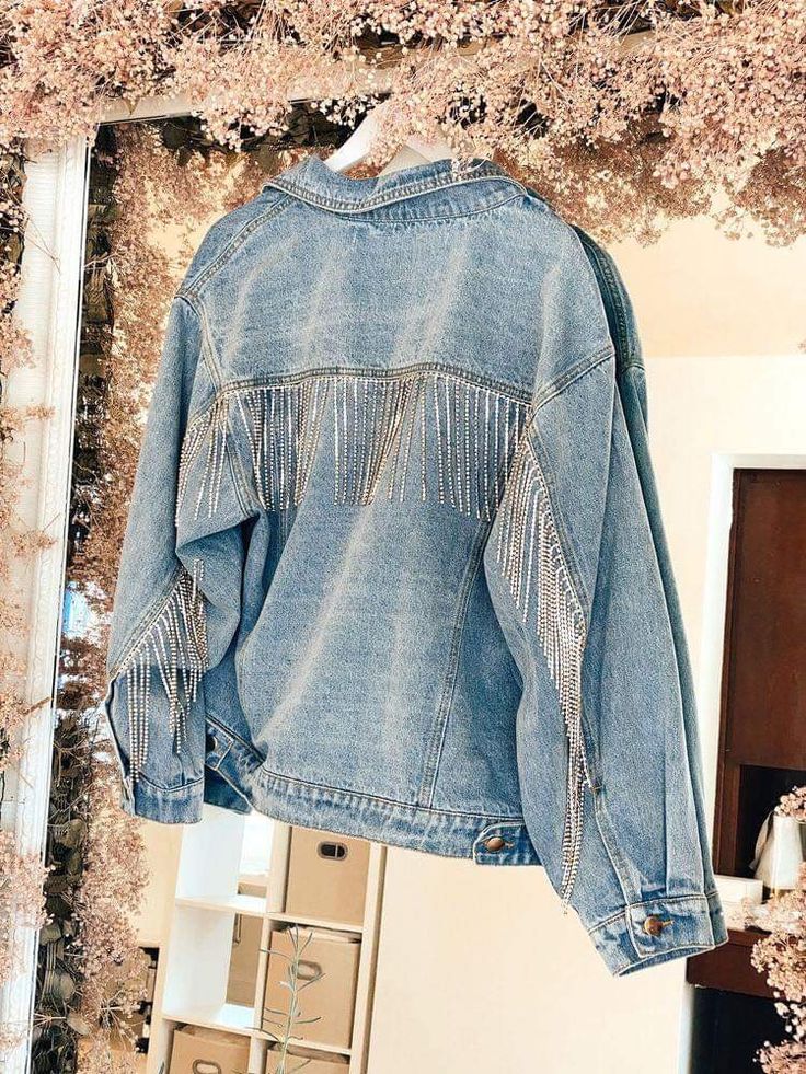 Jean Jacket With Sparkle Fringe, Sparkle Jean Jacket, Bedazzled Jean Jacket Outfit, Sparkle Fringe Jacket, Diy Fringe Jacket, Eras Tour Jacket, Bedazzled Jean Jacket, Rhinestone Jean Jacket, Bedazzled Jacket