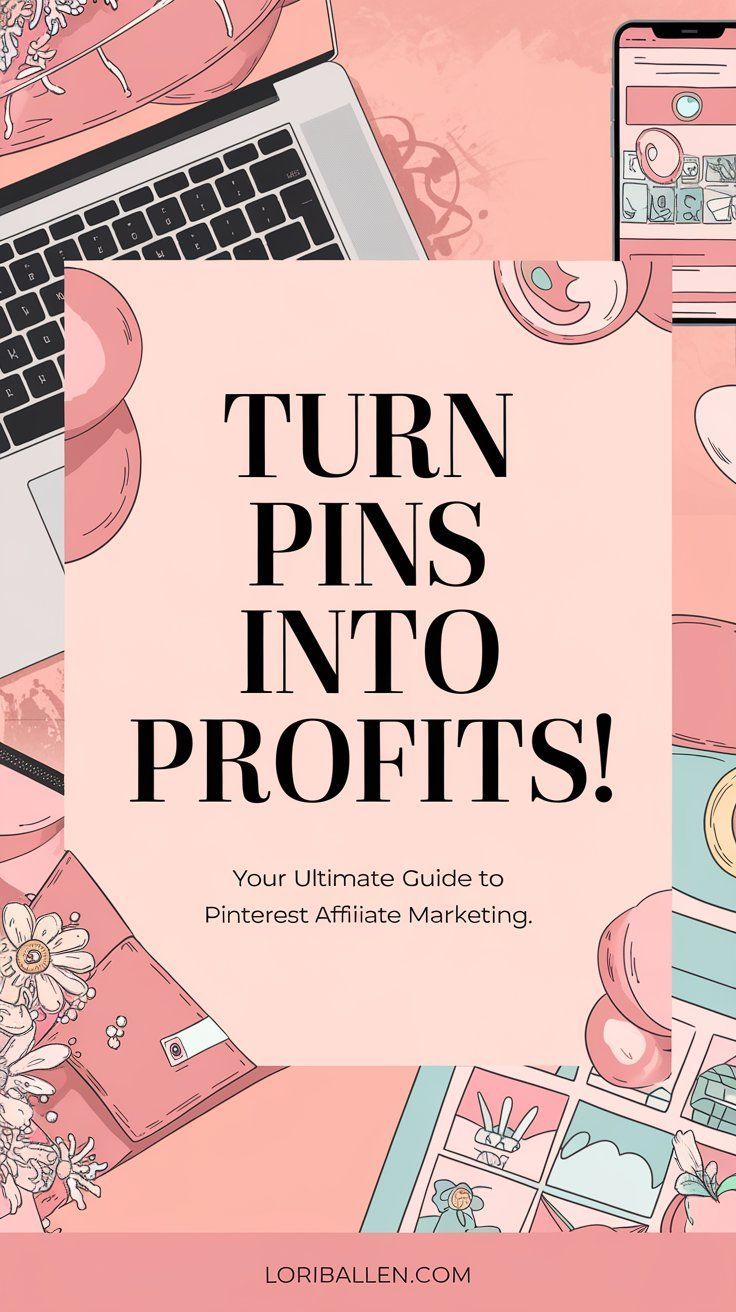 a pink cover with the words turn pins into profits on it and an image of a laptop