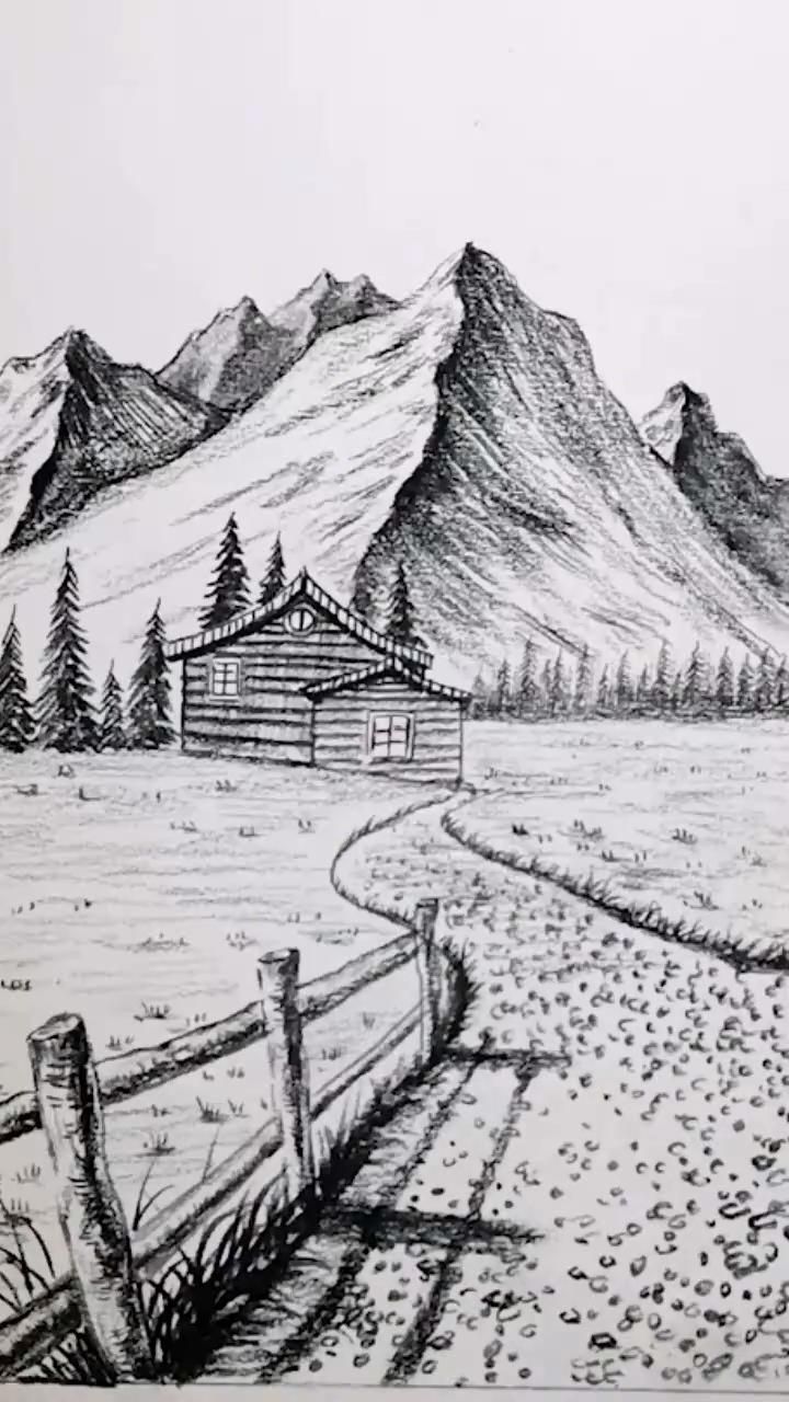 a pencil drawing of a mountain scene with a house in the foreground and a road running through it