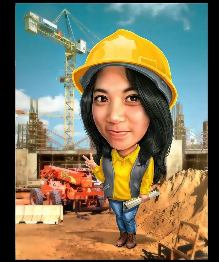 a caricature of a woman wearing a hard hat and construction equipment in the background