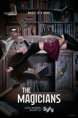 the magician's season one poster with a woman lying on top of a bookshelf