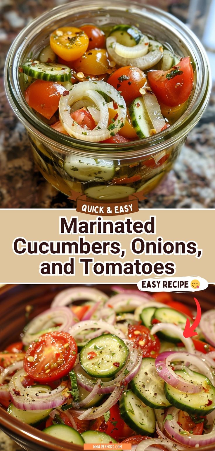 the cover of quick and easy marinated cucumbers, onions, and tomatoes