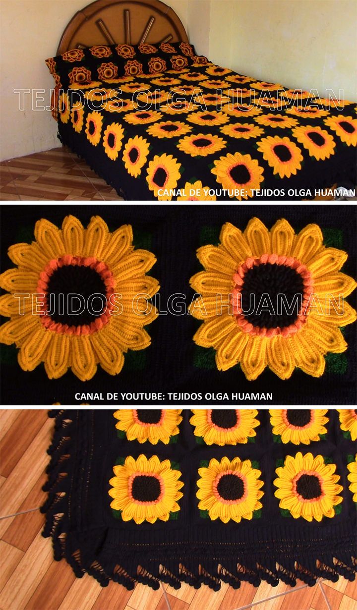 two pictures show the same bed with sunflowers on it and one has a black bedspread